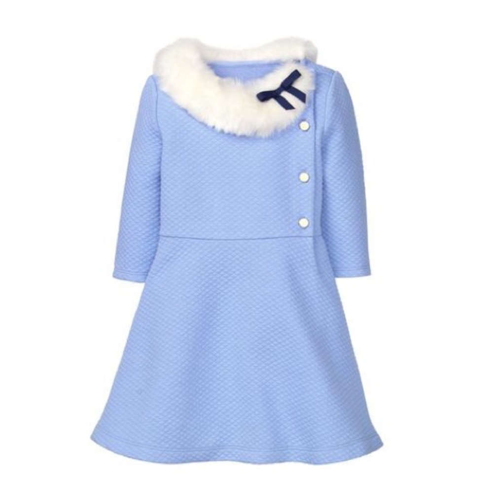 Janie and Jack blue dress with white faux fur collar
